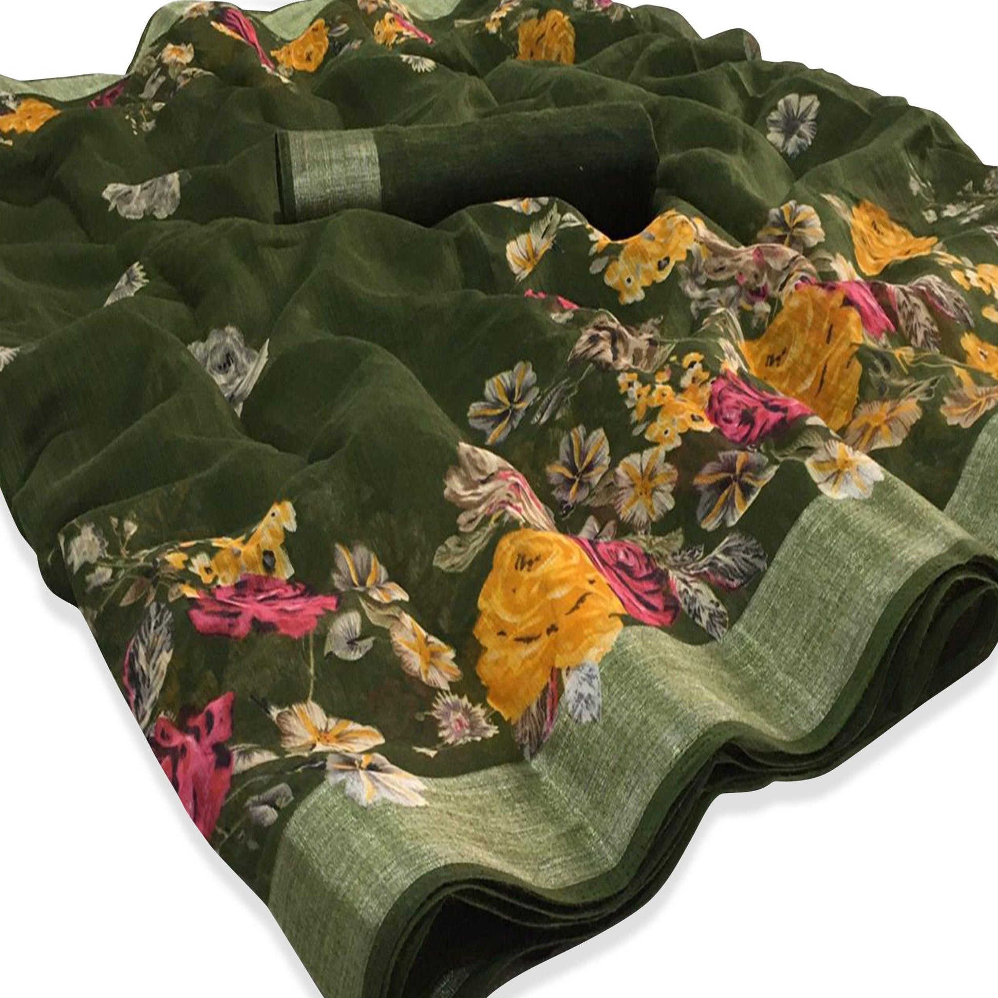 graceful-green-colored-casual-floral-printed-linen-saree-45006
