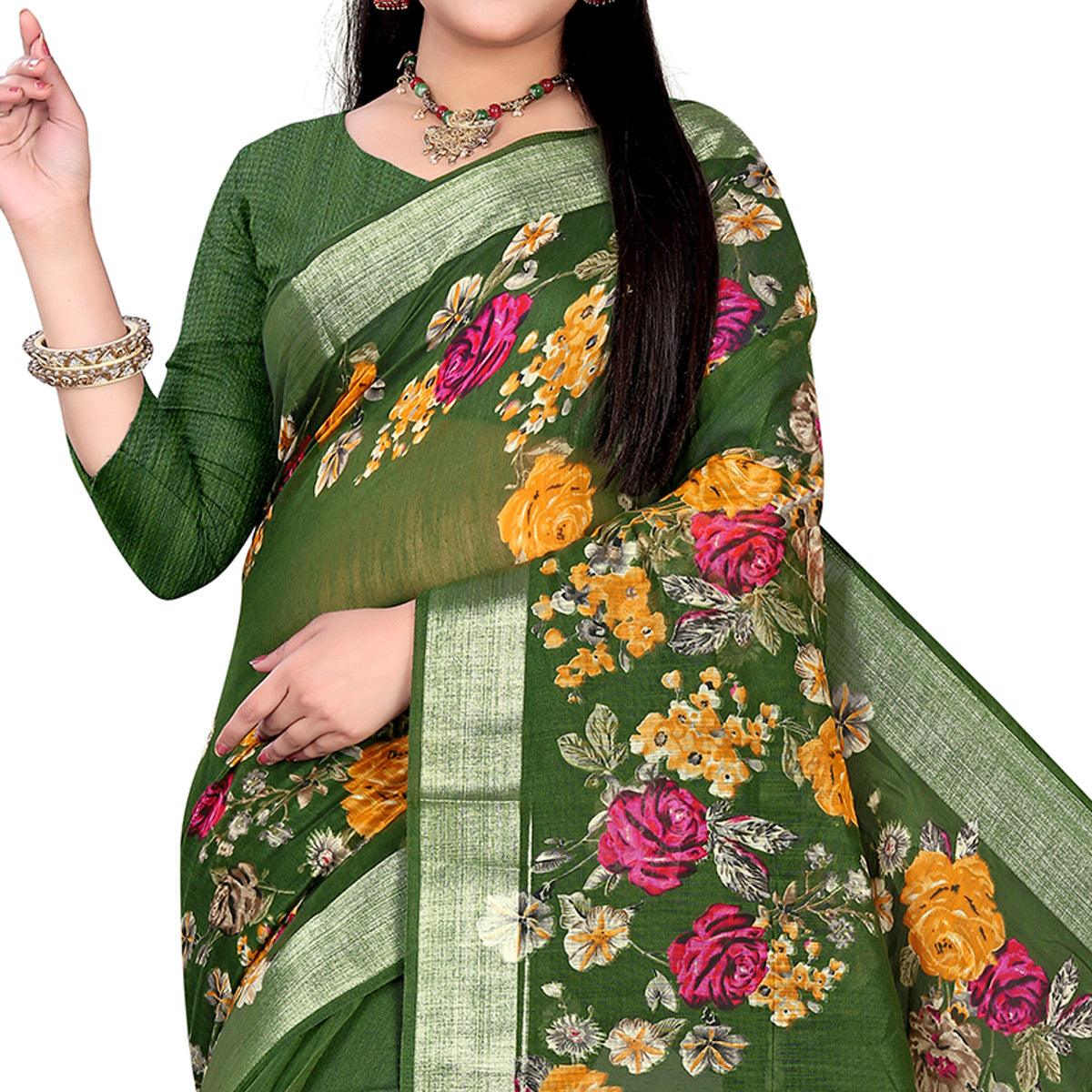 graceful-green-colored-casual-floral-printed-linen-saree-45006