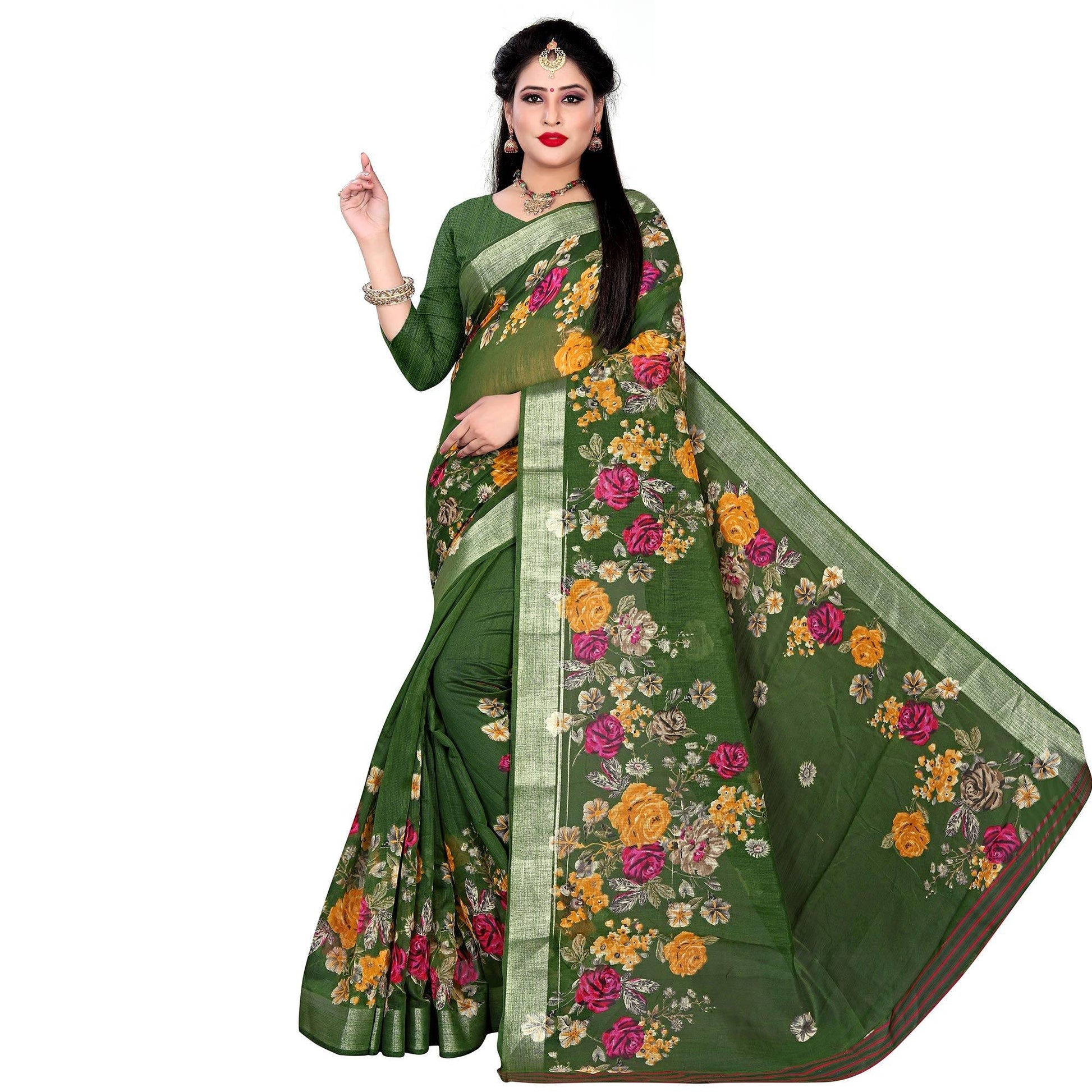 graceful-green-colored-casual-floral-printed-linen-saree-45006