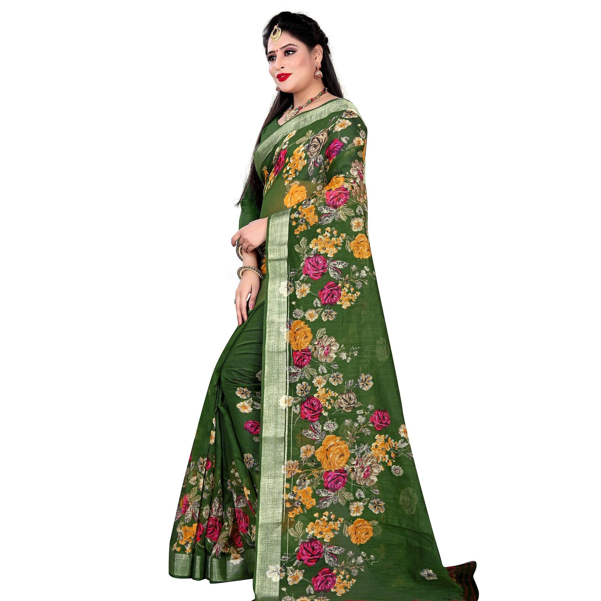 graceful-green-colored-casual-floral-printed-linen-saree-45006