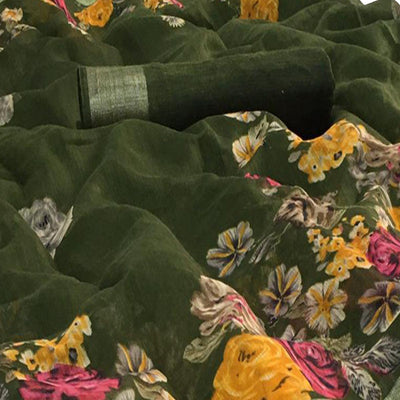 graceful-green-colored-casual-floral-printed-linen-saree-45006