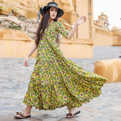 graceful-green-colored-party-wear-digital-floral-printed-cotton-gown-with-matching-mask-52927