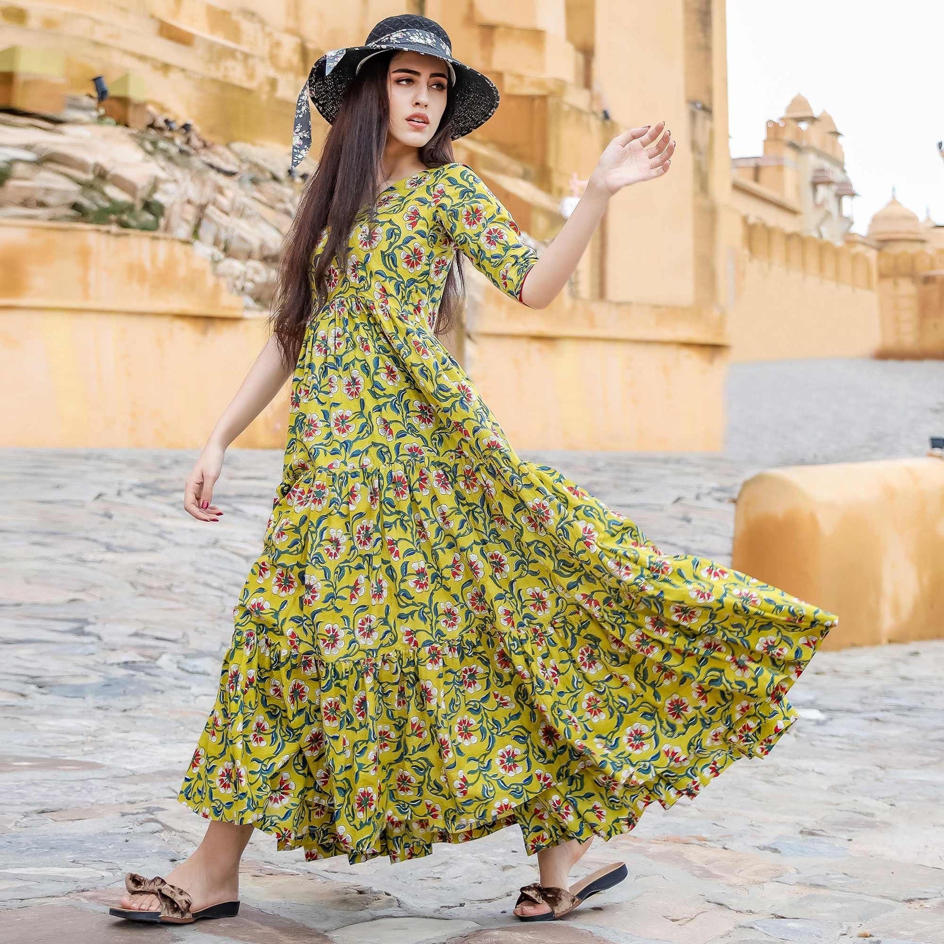 graceful-green-colored-party-wear-digital-floral-printed-cotton-gown-with-matching-mask-52927