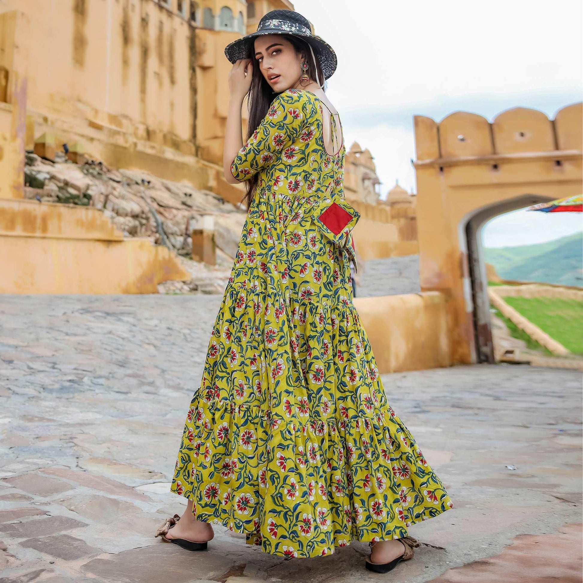 graceful-green-colored-party-wear-digital-floral-printed-cotton-gown-with-matching-mask-52927