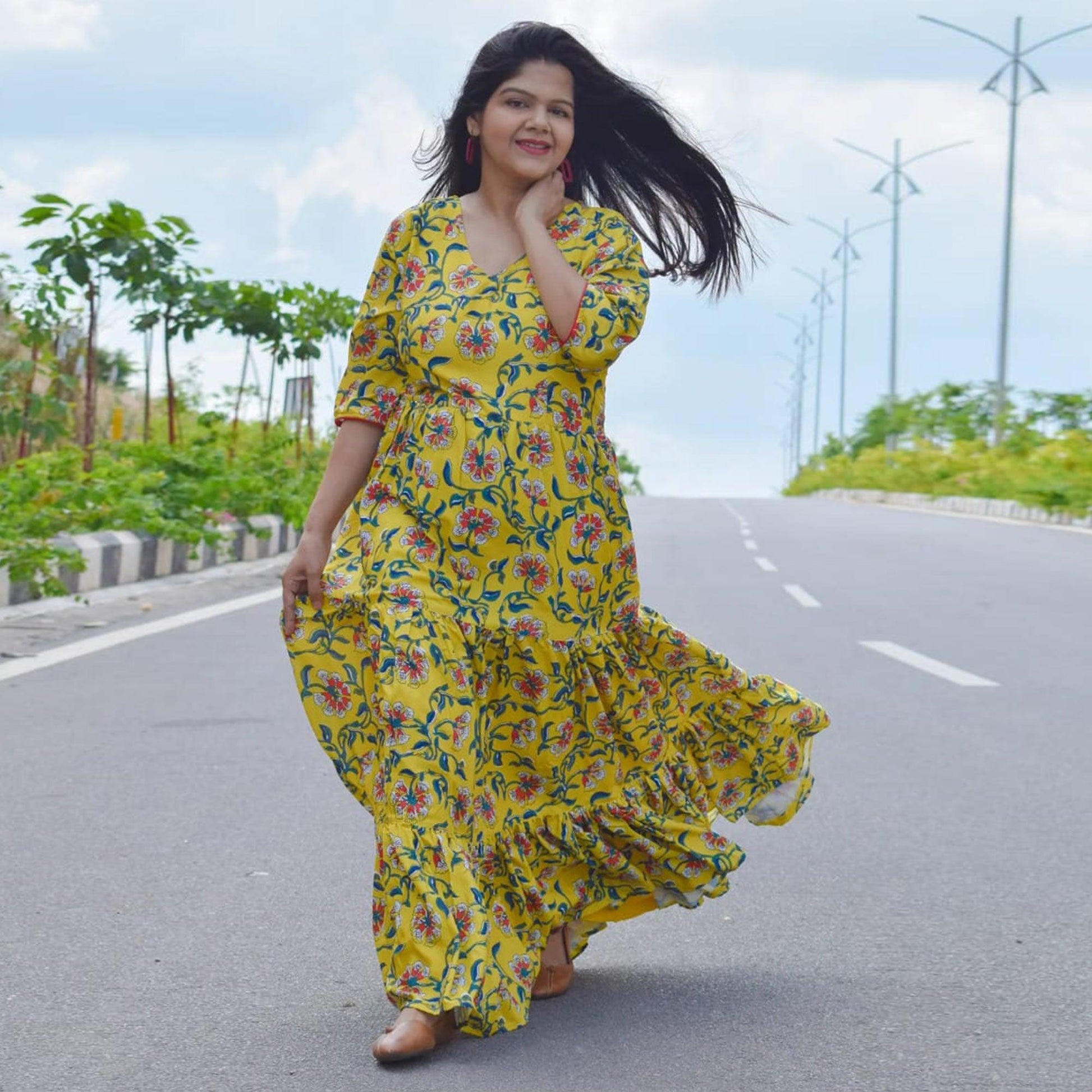graceful-green-colored-party-wear-digital-floral-printed-cotton-gown-with-matching-mask-52927