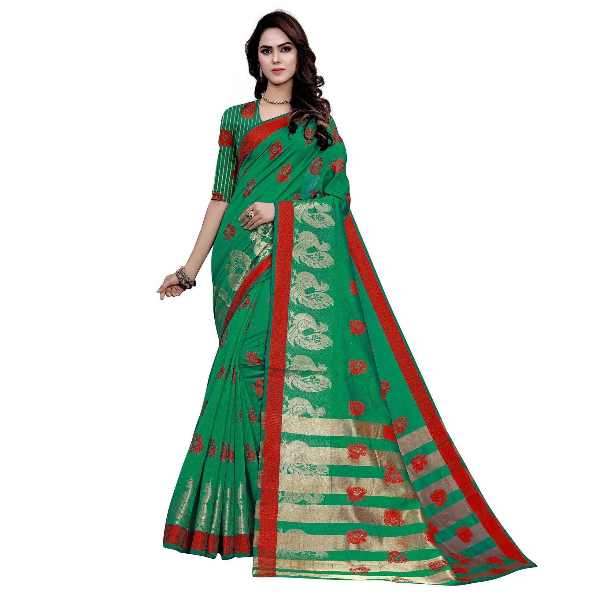 graceful-green-colored-festive-wear-woven-work-art-silk-saree