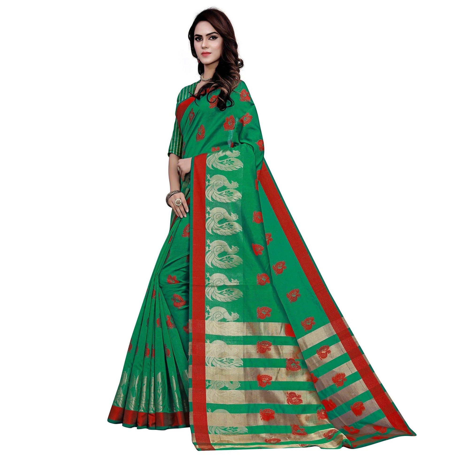graceful-green-colored-festive-wear-woven-work-art-silk-saree