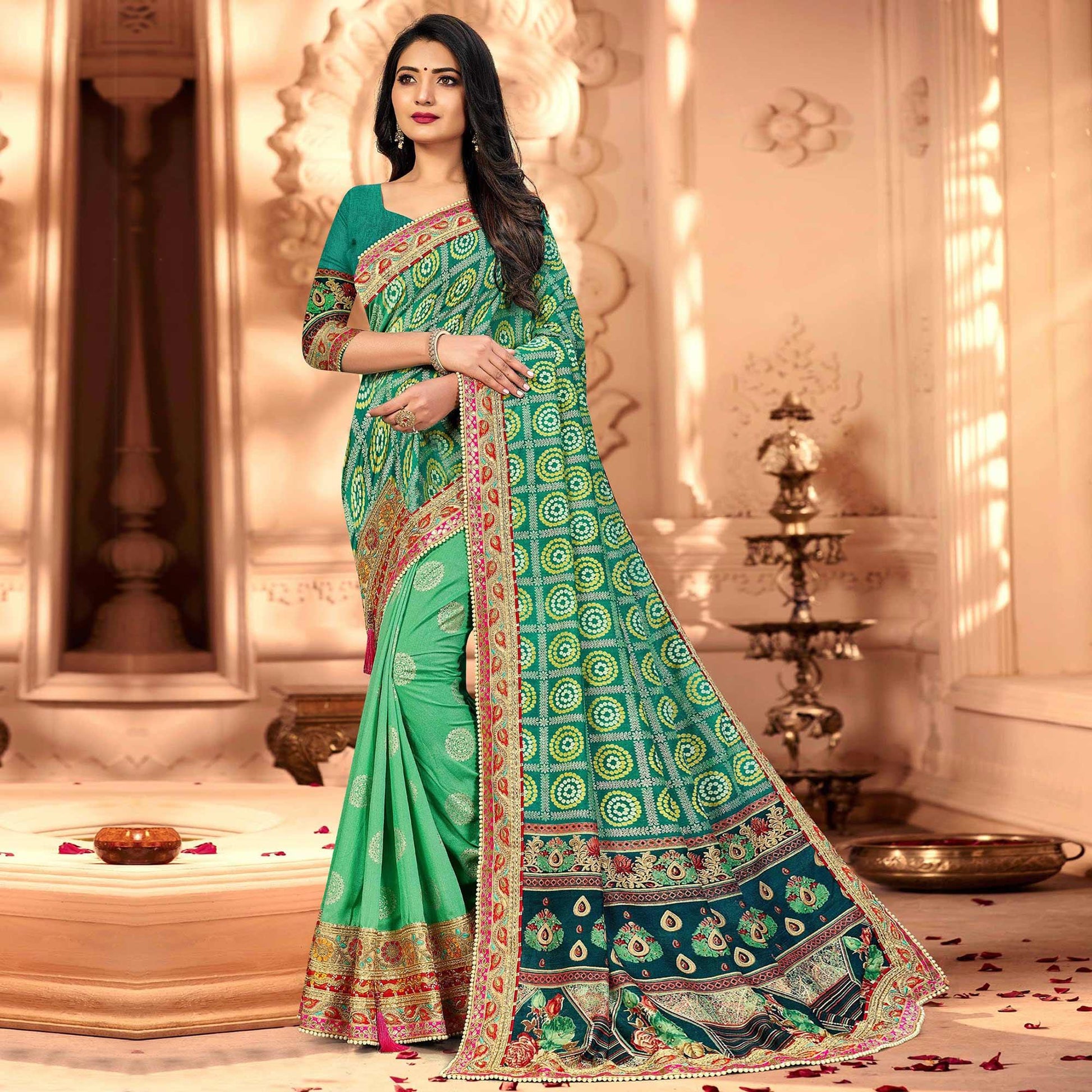 graceful-green-coloured-partywear-diamond-work-half-half-art-silk-saree-100092