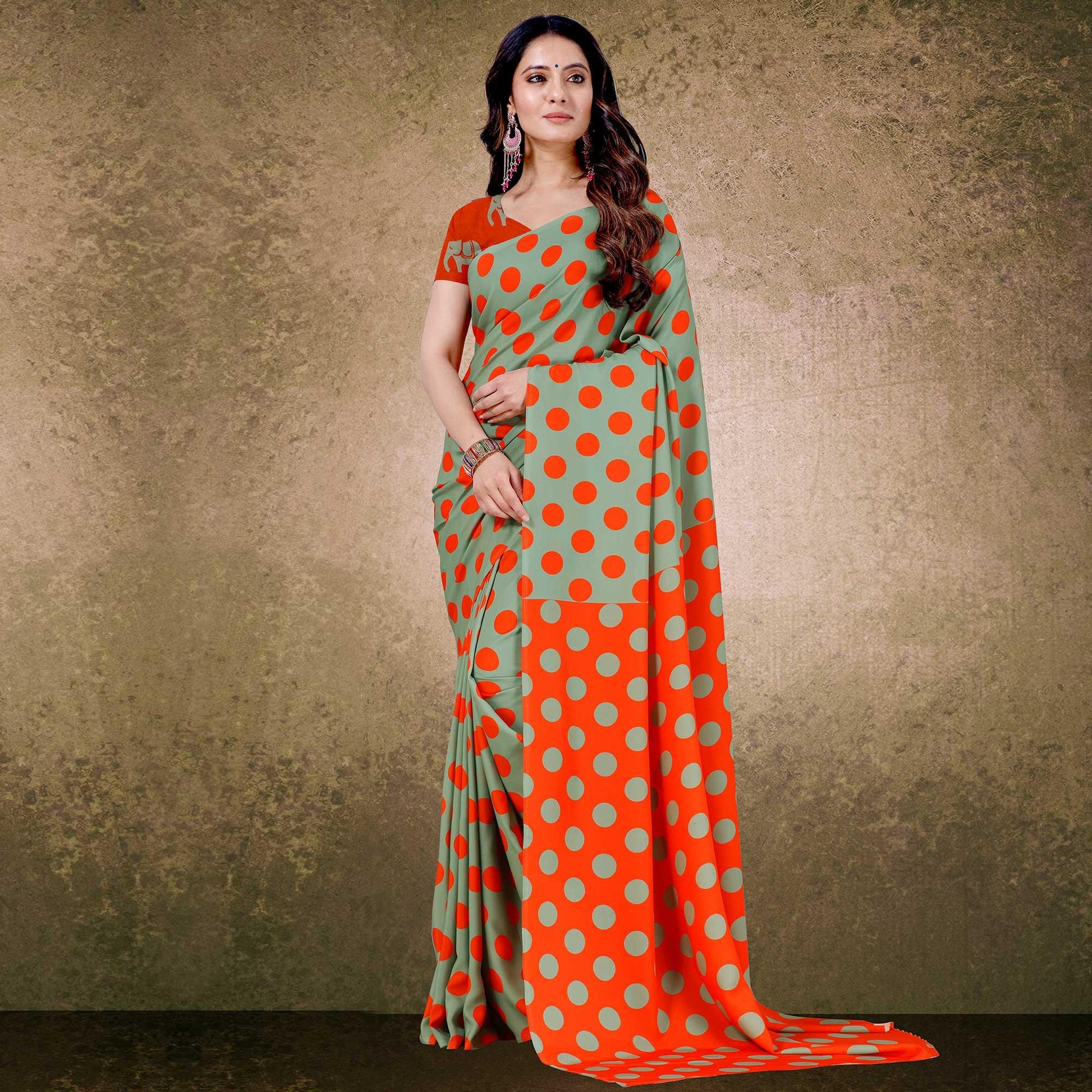 graceful-green-orange-digital-polka-dot-print-casual-wear-french-crepe-saree-88346