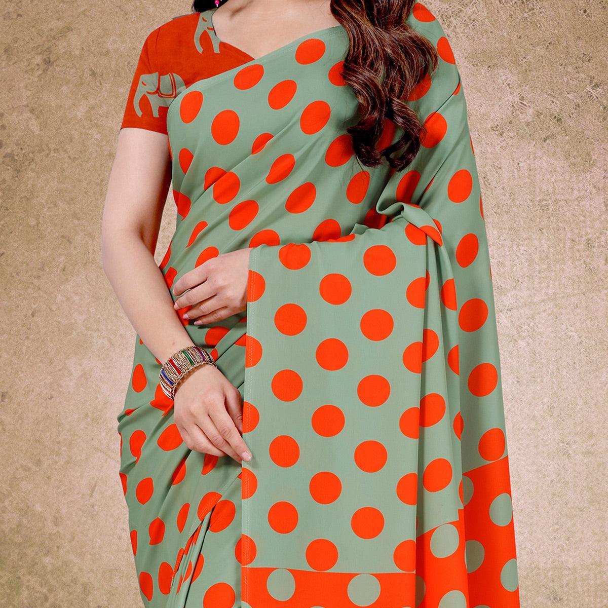 graceful-green-orange-digital-polka-dot-print-casual-wear-french-crepe-saree-88346