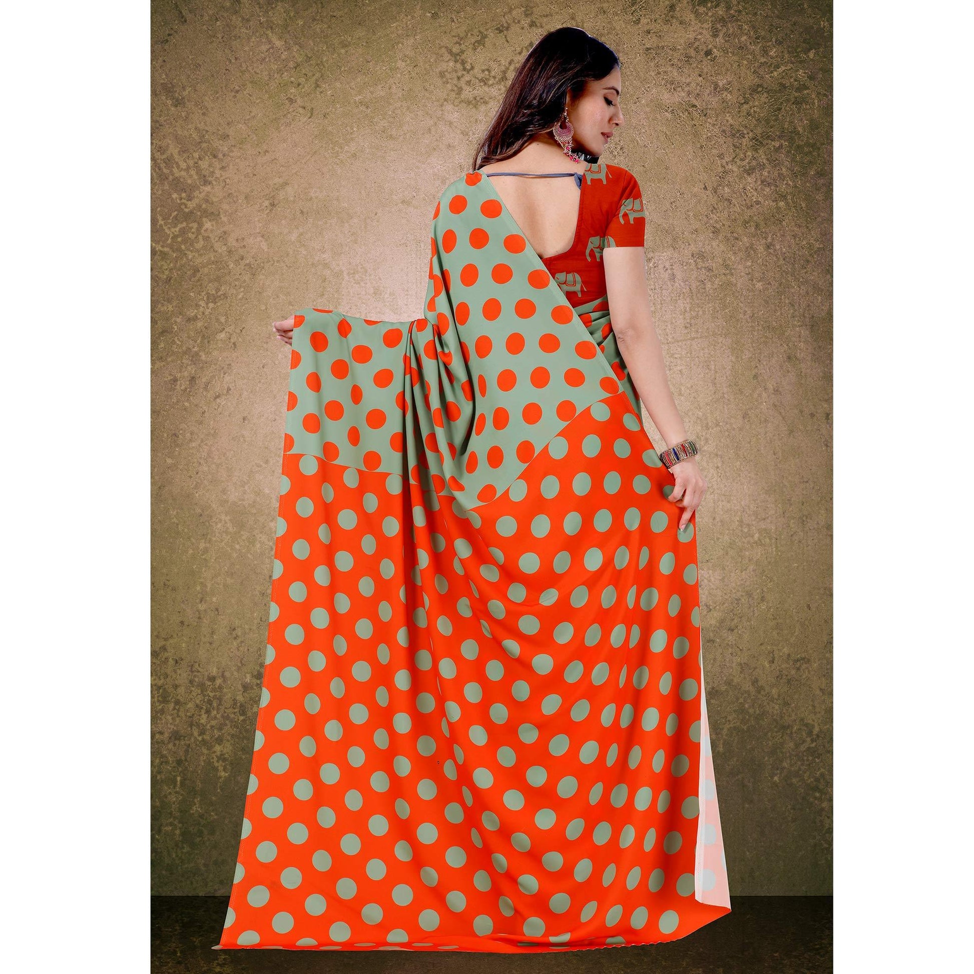 graceful-green-orange-digital-polka-dot-print-casual-wear-french-crepe-saree-88346