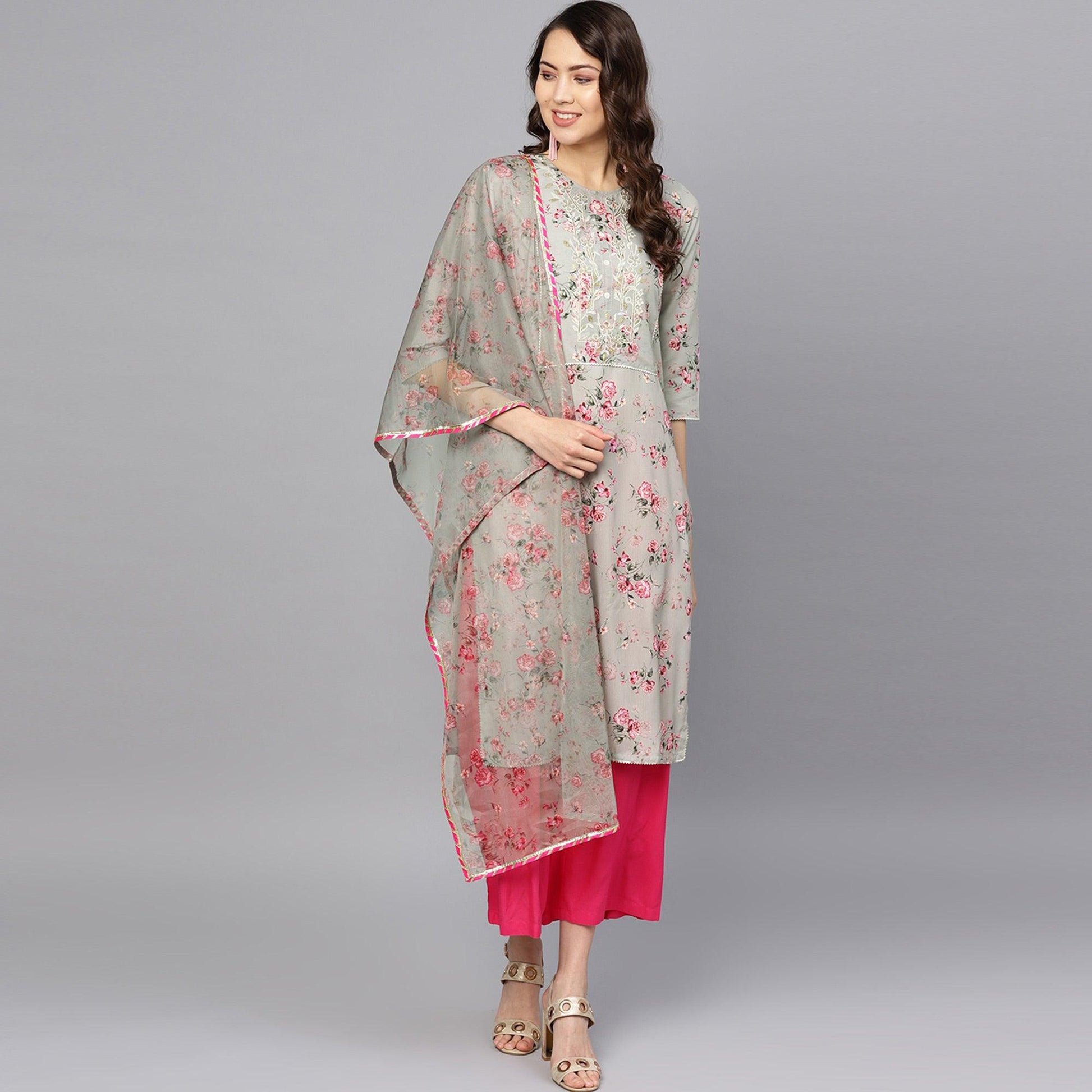 graceful-grey-colored-party-wear-floral-digital-printed-cotton-kurti-with-dupatta-49317