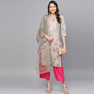 graceful-grey-colored-party-wear-floral-digital-printed-cotton-kurti-with-dupatta-49317