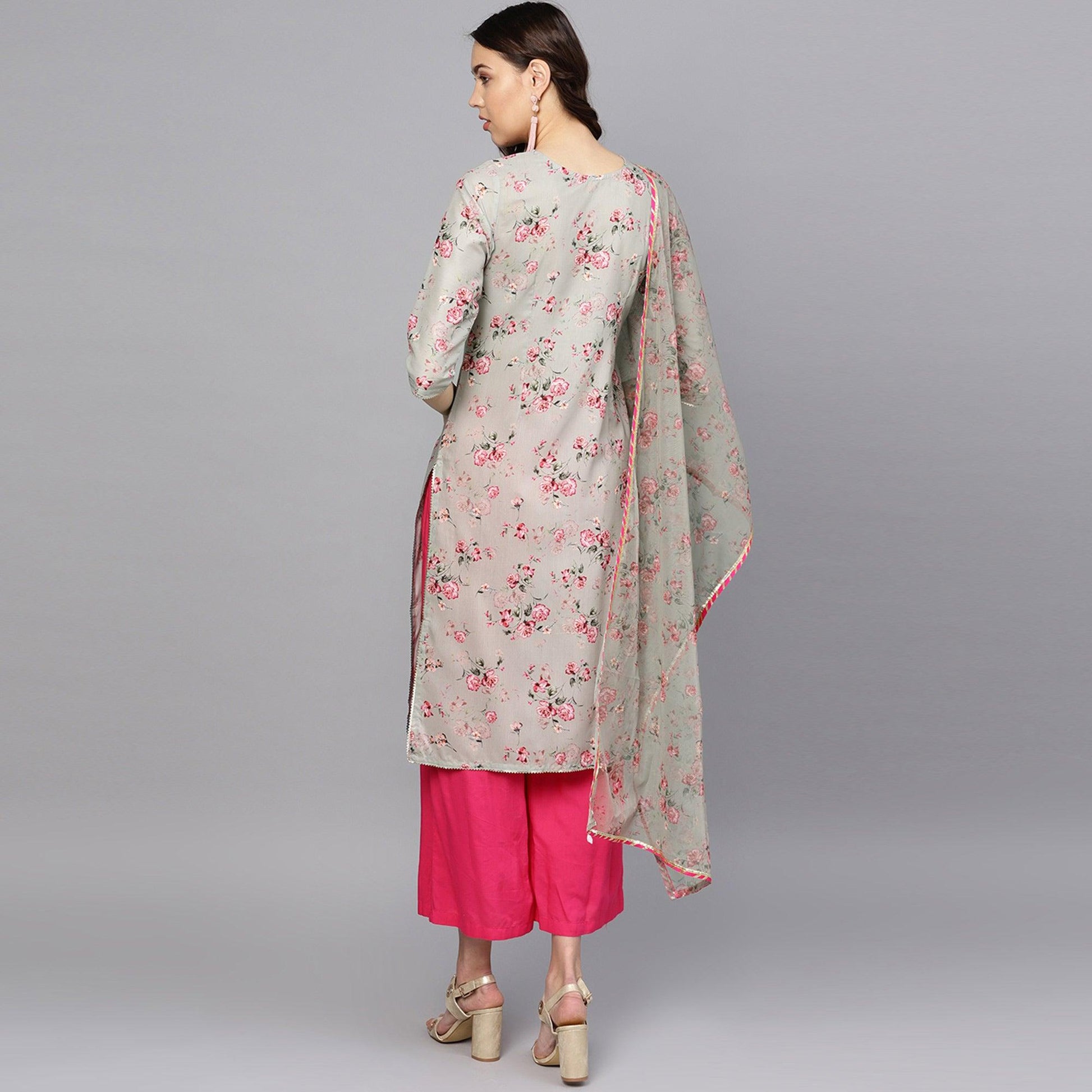 graceful-grey-colored-party-wear-floral-digital-printed-cotton-kurti-with-dupatta-49317