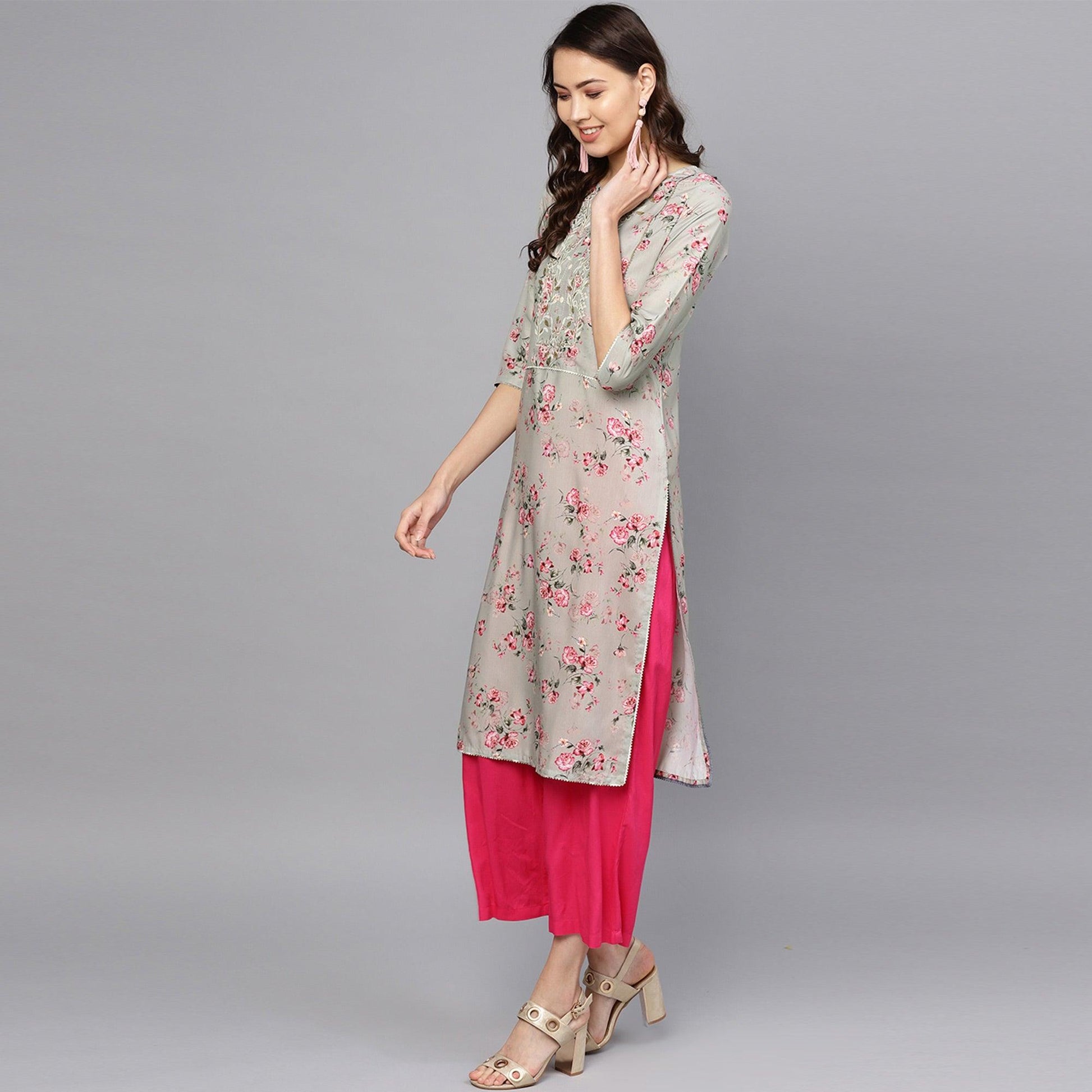 graceful-grey-colored-party-wear-floral-digital-printed-cotton-kurti-with-dupatta-49317