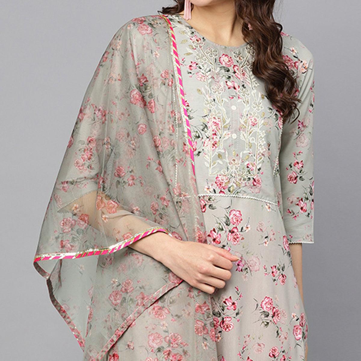 graceful-grey-colored-party-wear-floral-digital-printed-cotton-kurti-with-dupatta-49317
