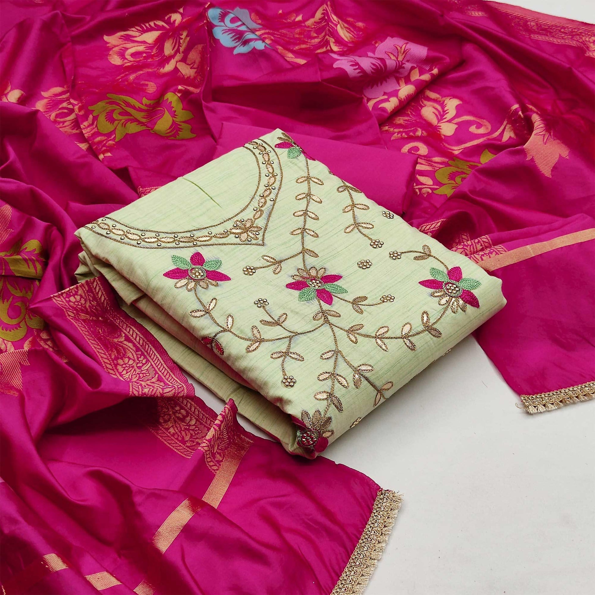 graceful-light-green-colored-partywear-embroidered-handloom-cotton-dress-material-98972