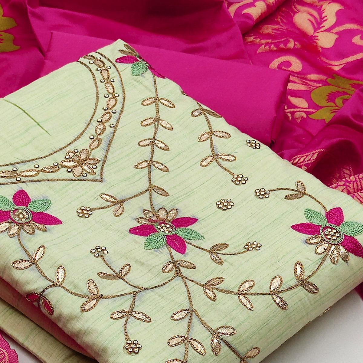 graceful-light-green-colored-partywear-embroidered-handloom-cotton-dress-material-98972