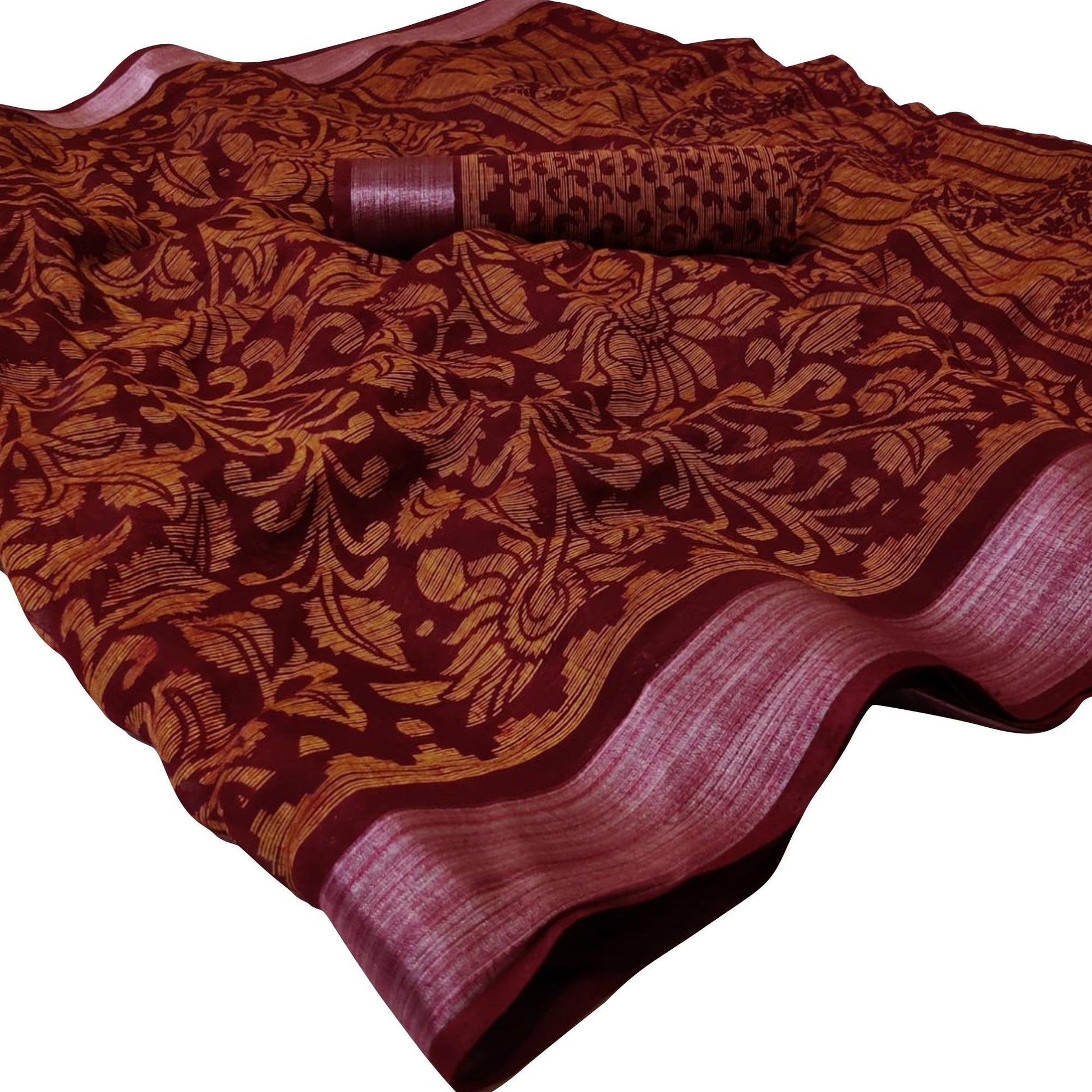 graceful-maroon-colored-casual-wear-floral-printed-linen-saree-59655