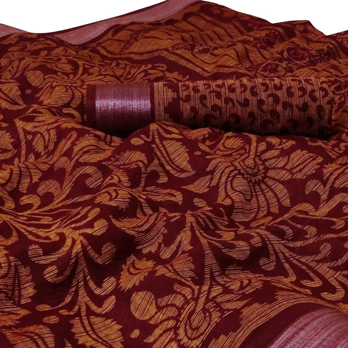 graceful-maroon-colored-casual-wear-floral-printed-linen-saree-59655