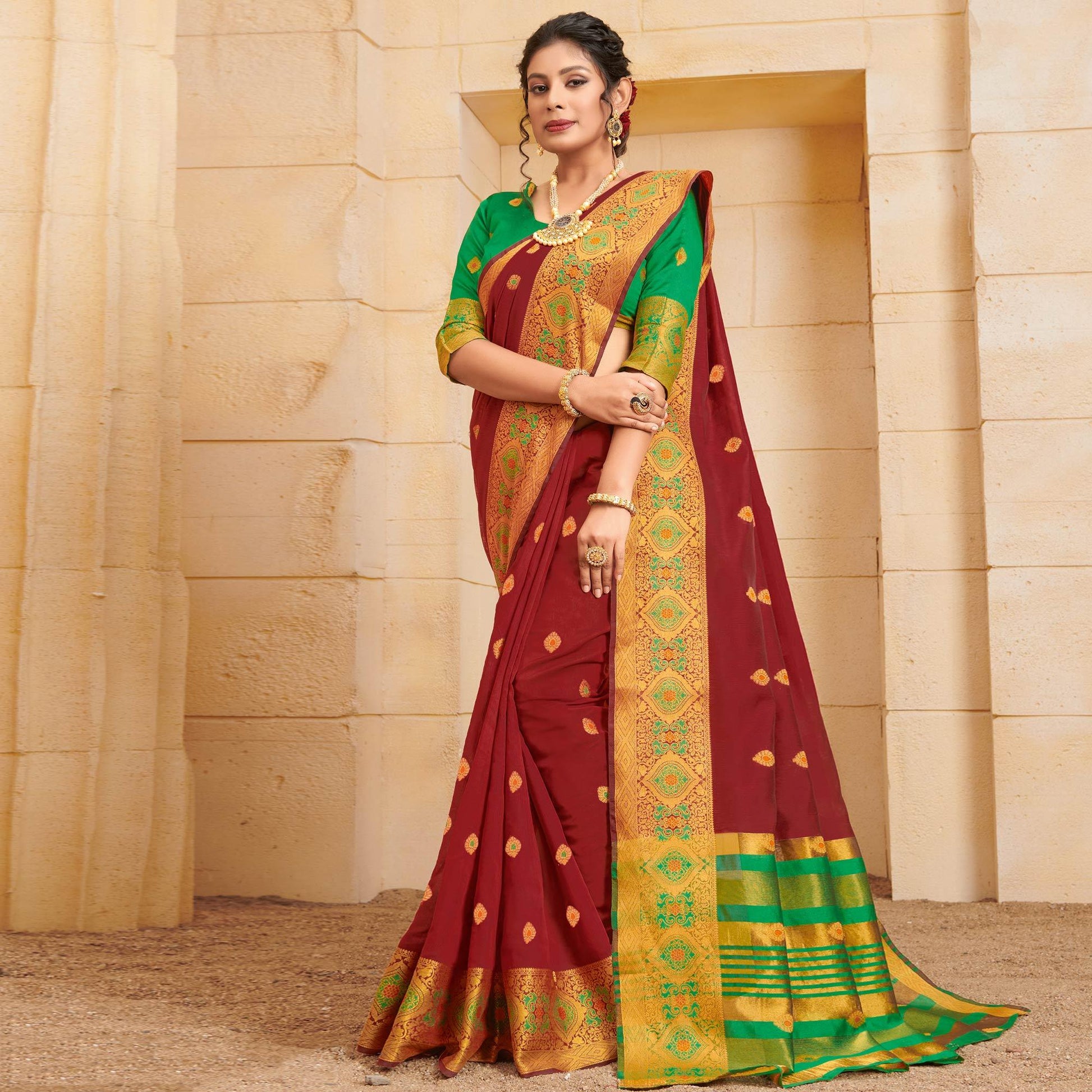 graceful-maroon-colored-festive-wear-woven-cotton-saree-75085