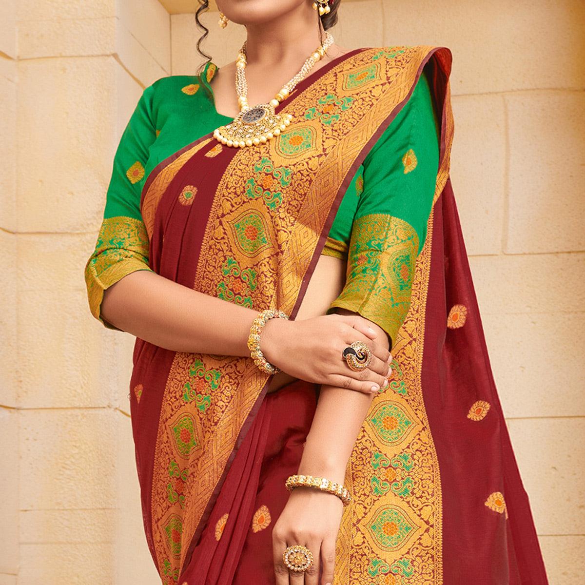 graceful-maroon-colored-festive-wear-woven-cotton-saree-75085