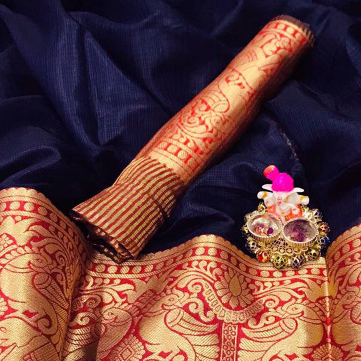 graceful-navy-blue-colored-festive-wear-woven-heavy-cotton-saree-98830