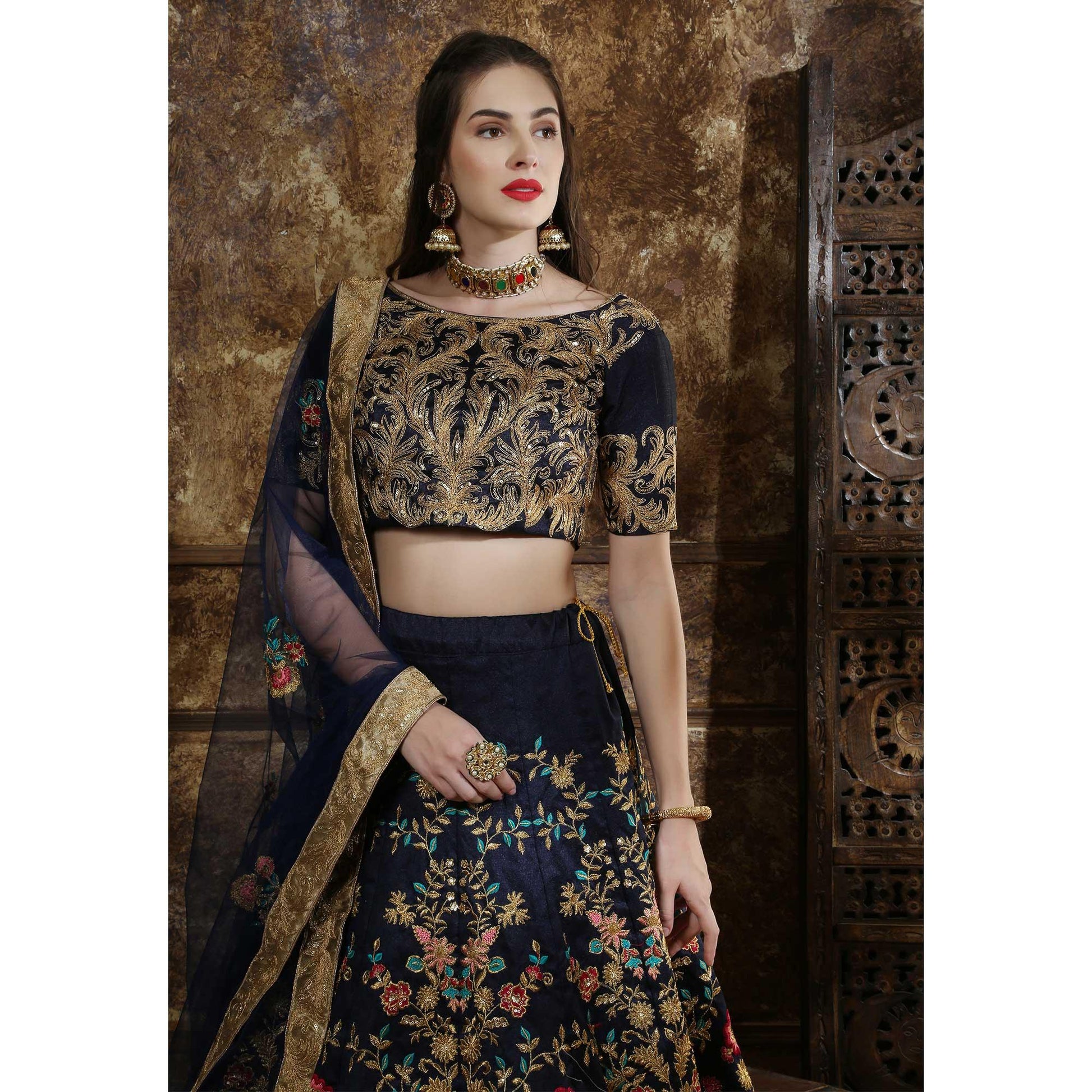 graceful-navy-blue-colored-party-wear-embroidered-thai-silk-lehenga-choli-71067