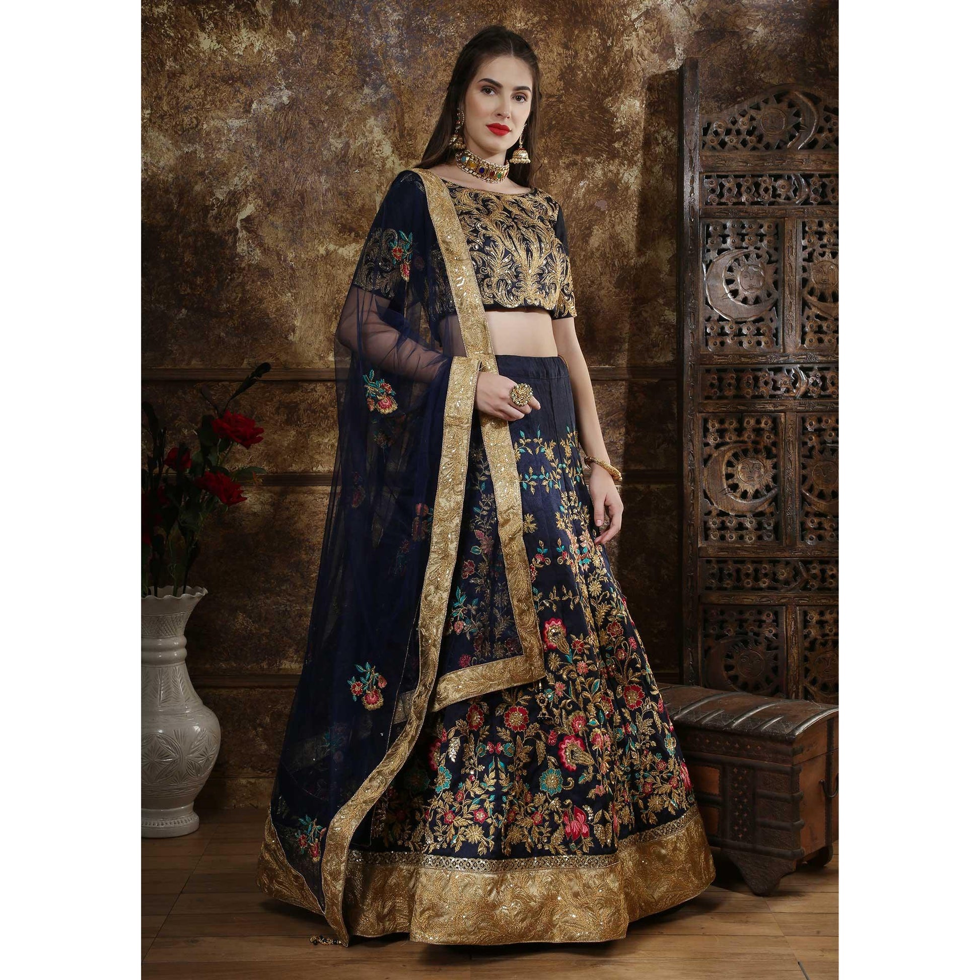graceful-navy-blue-colored-party-wear-embroidered-thai-silk-lehenga-choli-71067