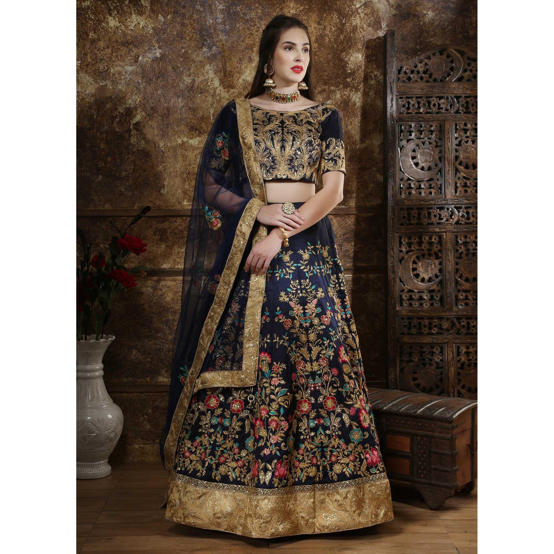 graceful-navy-blue-colored-party-wear-embroidered-thai-silk-lehenga-choli-71067