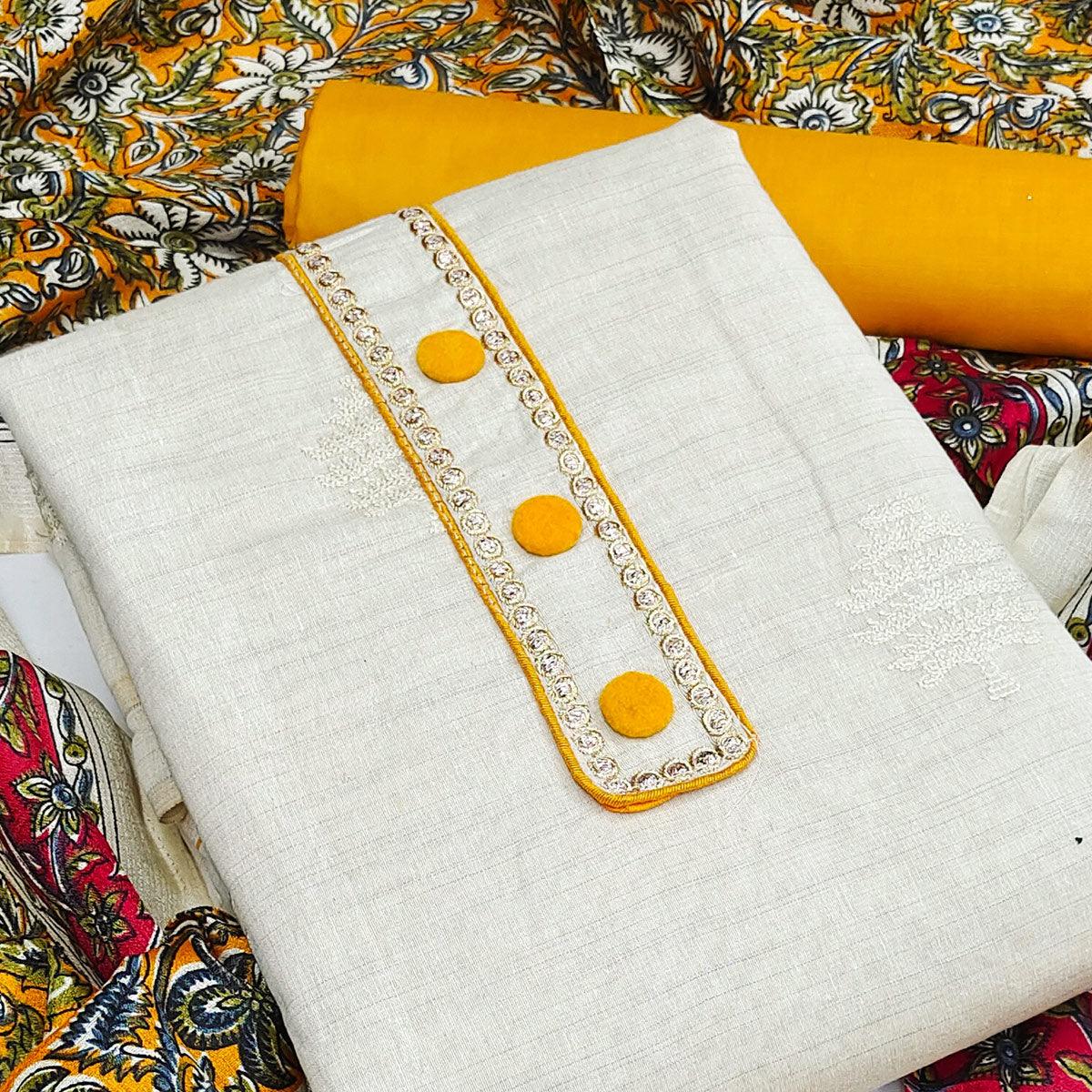 graceful-off-white-yellow-colored-partywear-embroidered-cotton-dress-material-41498
