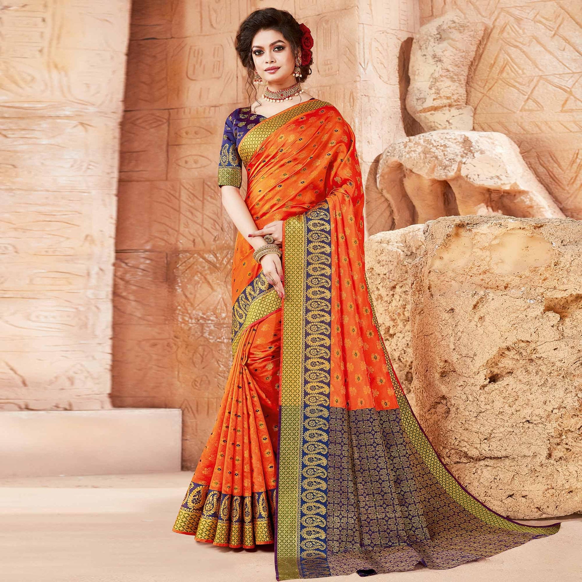 graceful-orange-colored-festive-wear-woven-handloom-silk-saree-94322