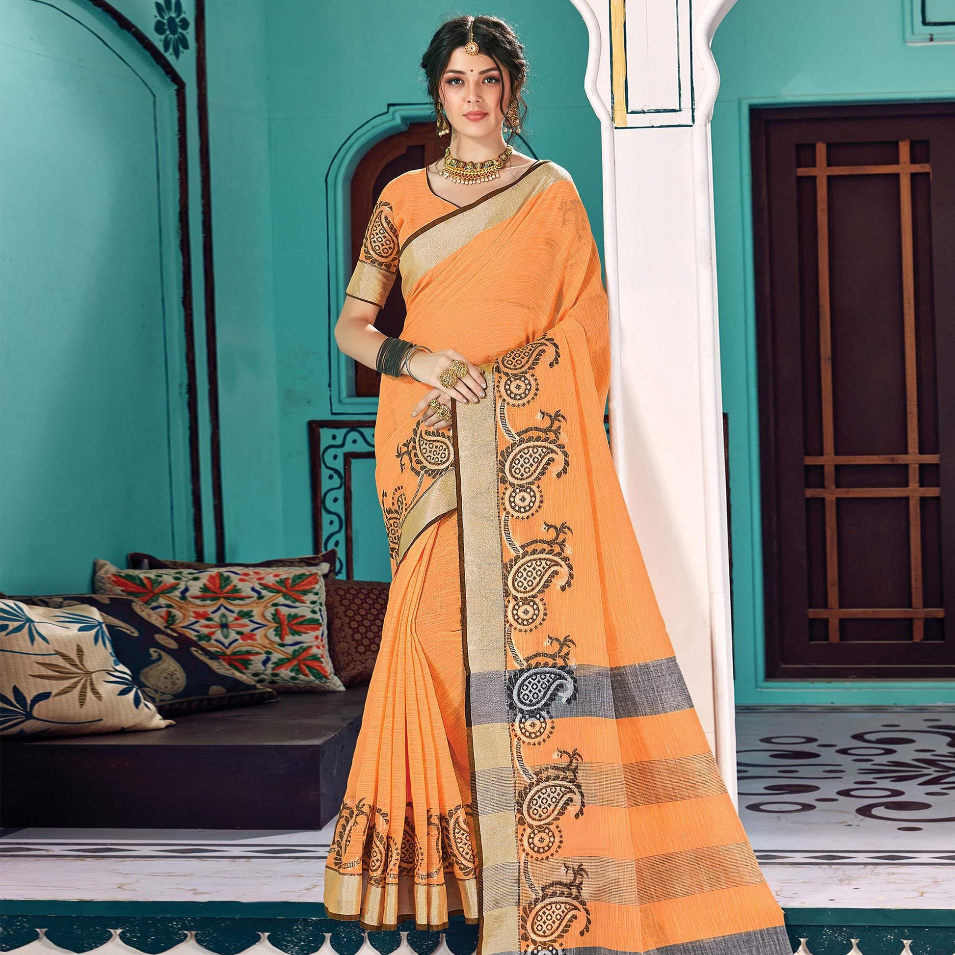 graceful-orange-colored-partywear-printed-linen-cotton-saree-72681