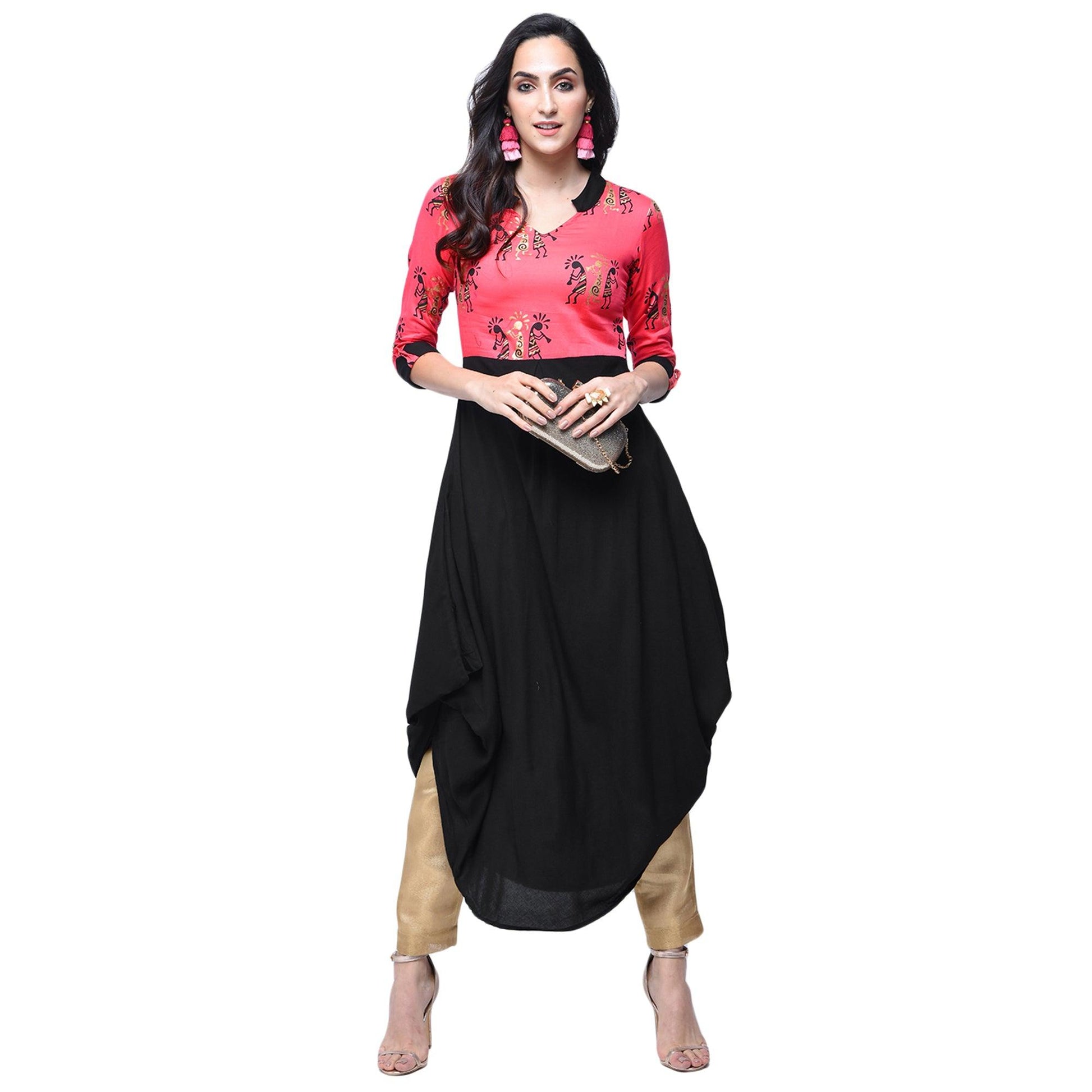 graceful-pink-black-colored-partywear-printed-rayon-kurti