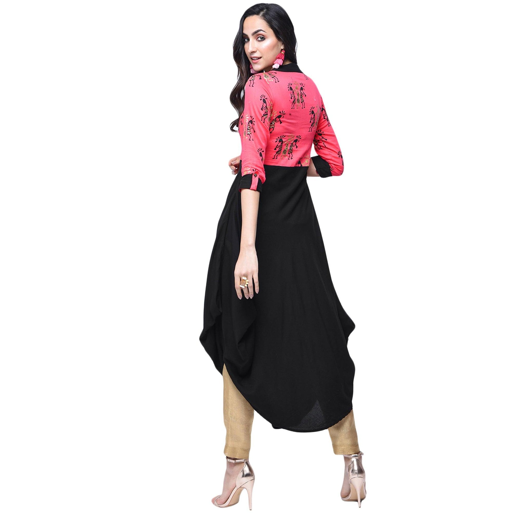 graceful-pink-black-colored-partywear-printed-rayon-kurti