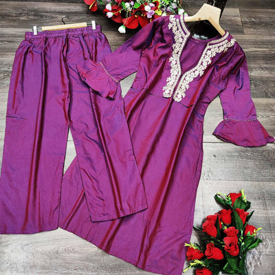 graceful-purple-colored-partywear-embroidered-pure-viscose-santoori-kurti-palazzo-set-105537