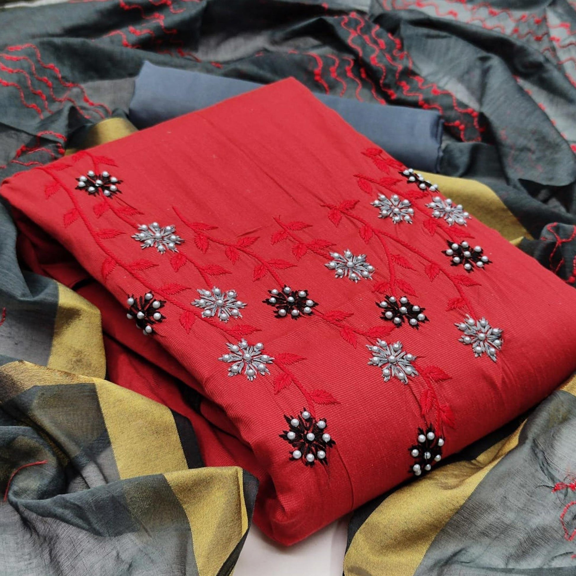 graceful-red-colored-casual-wear-embroidered-cotton-dress-material-104598