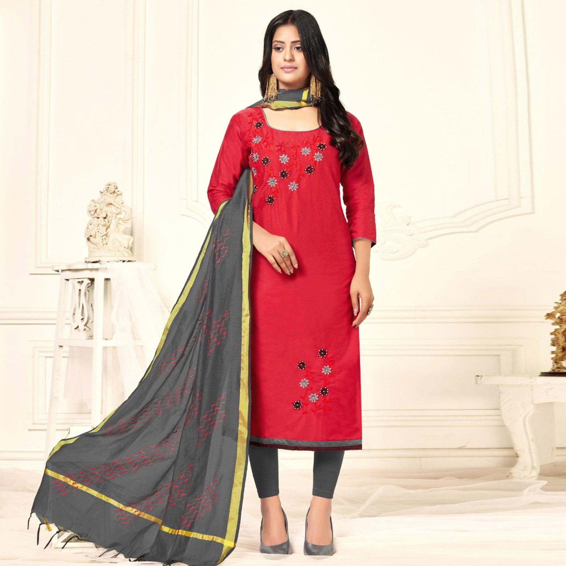 graceful-red-colored-casual-wear-embroidered-cotton-dress-material-104598