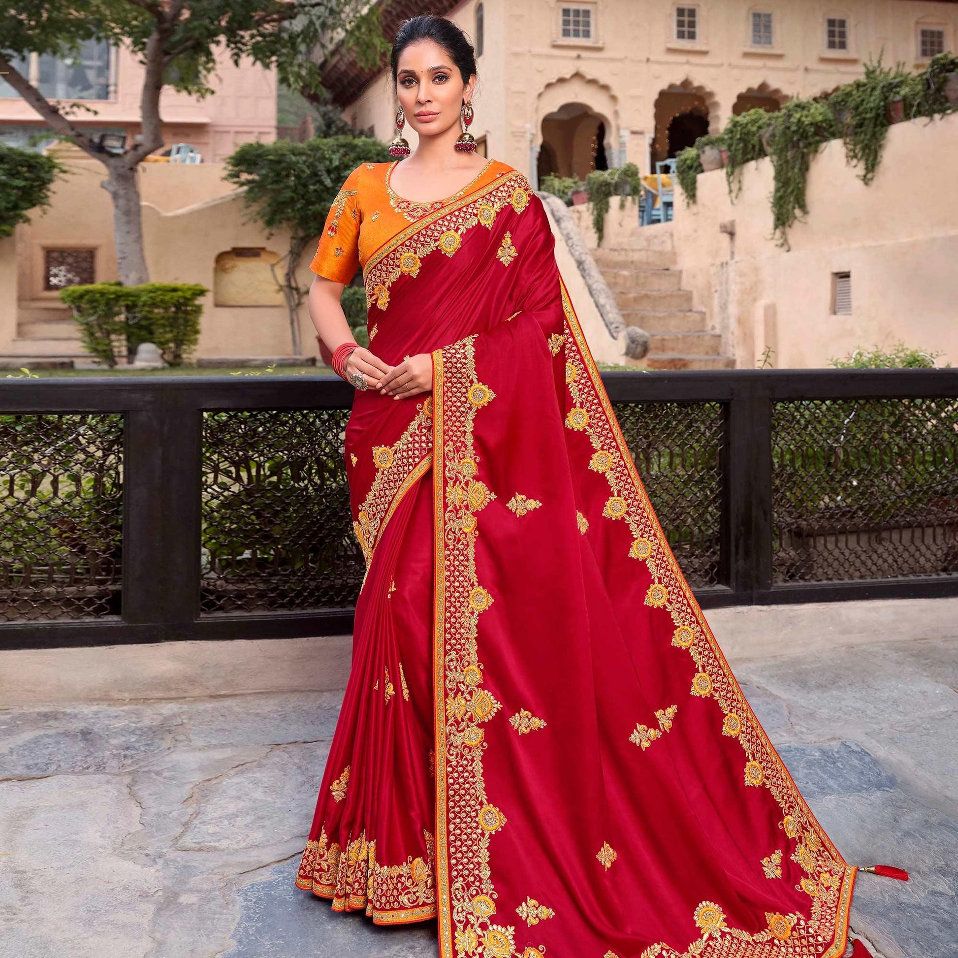 graceful-red-colored-partywear-embroidered-satin-gerogette-saree-74835