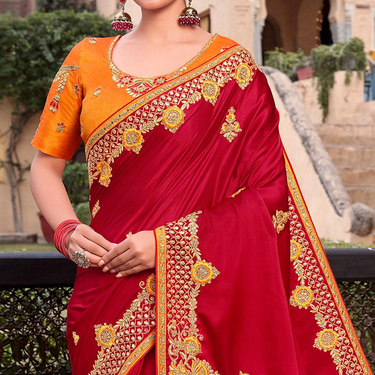 graceful-red-colored-partywear-embroidered-satin-gerogette-saree-74835