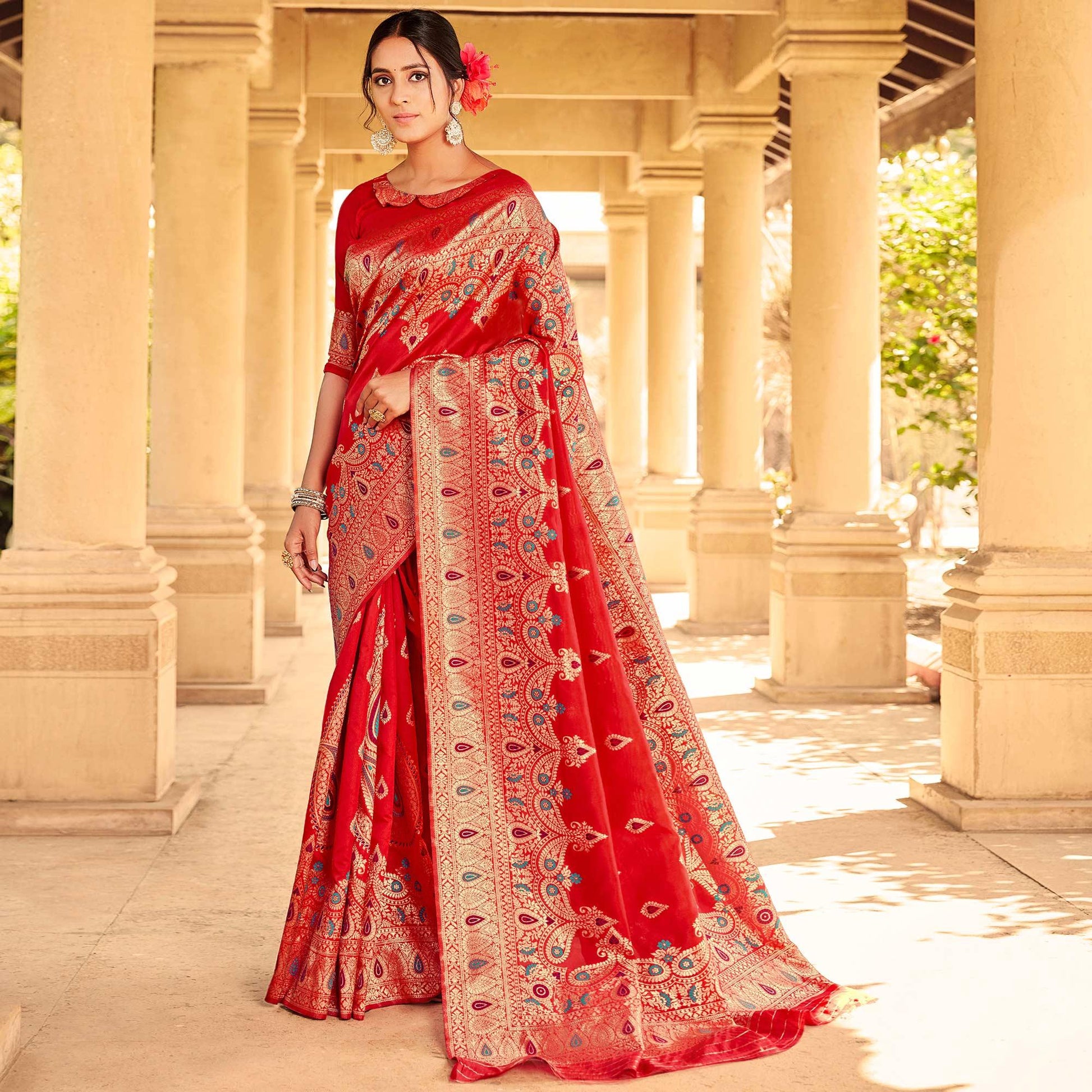 graceful-red-coloured-designer-partywear-weaving-silk-saree-96010