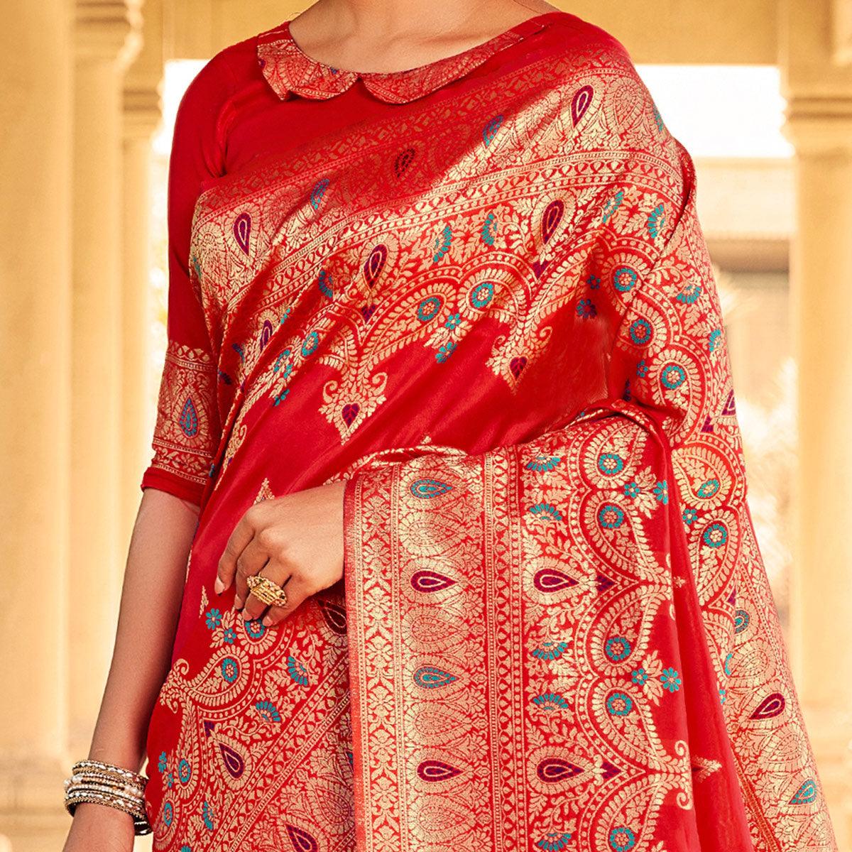 graceful-red-coloured-designer-partywear-weaving-silk-saree-96010