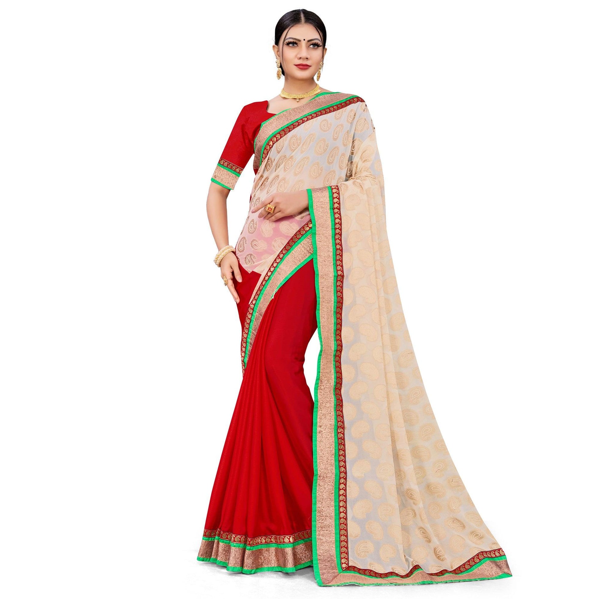 graceful-red-cream-colored-party-wear-georgette-half-half-saree-93756