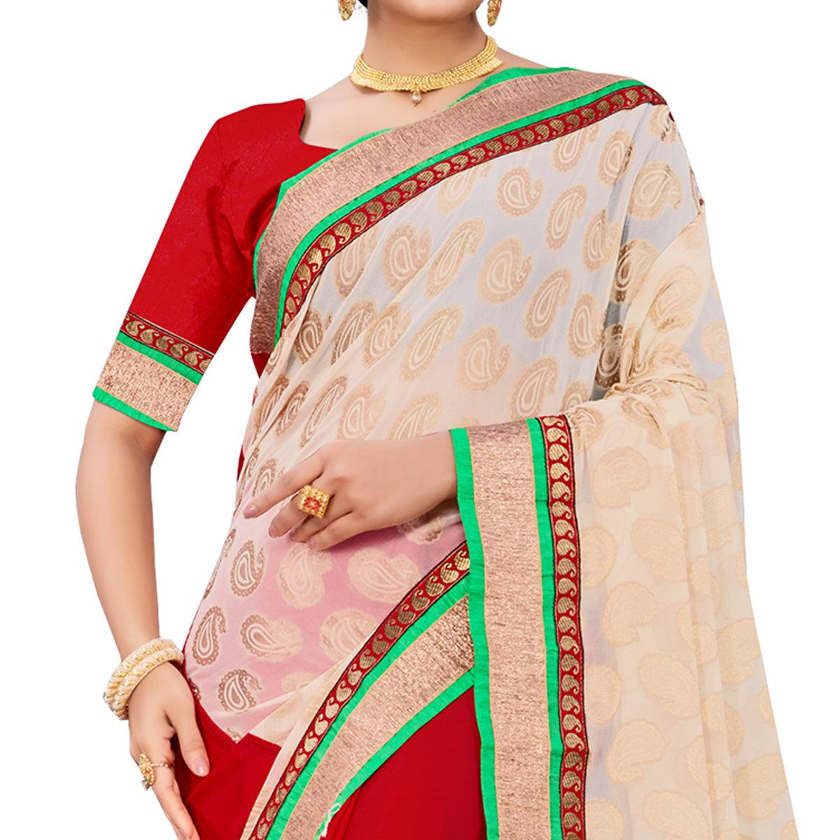 graceful-red-cream-colored-party-wear-georgette-half-half-saree-93756