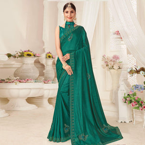 graceful-turquoise-green-colored-partywear-emboidered-vichitra-silk-saree-86116