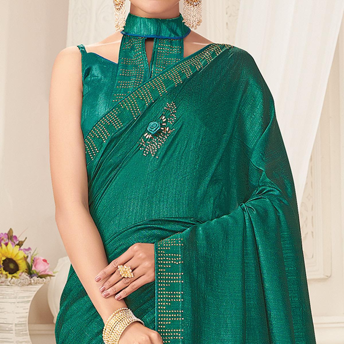graceful-turquoise-green-colored-partywear-emboidered-vichitra-silk-saree-86116