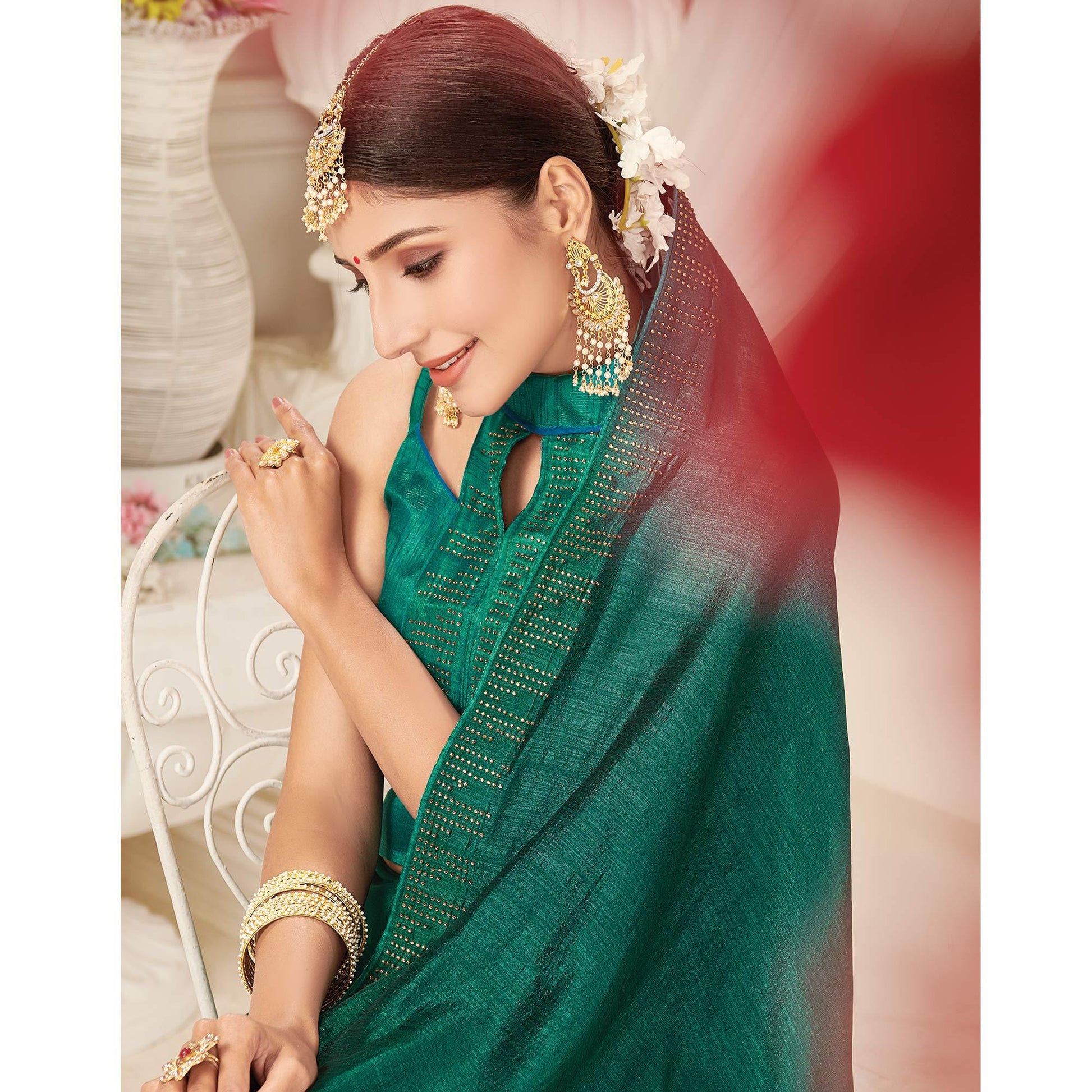 graceful-turquoise-green-colored-partywear-emboidered-vichitra-silk-saree-86116