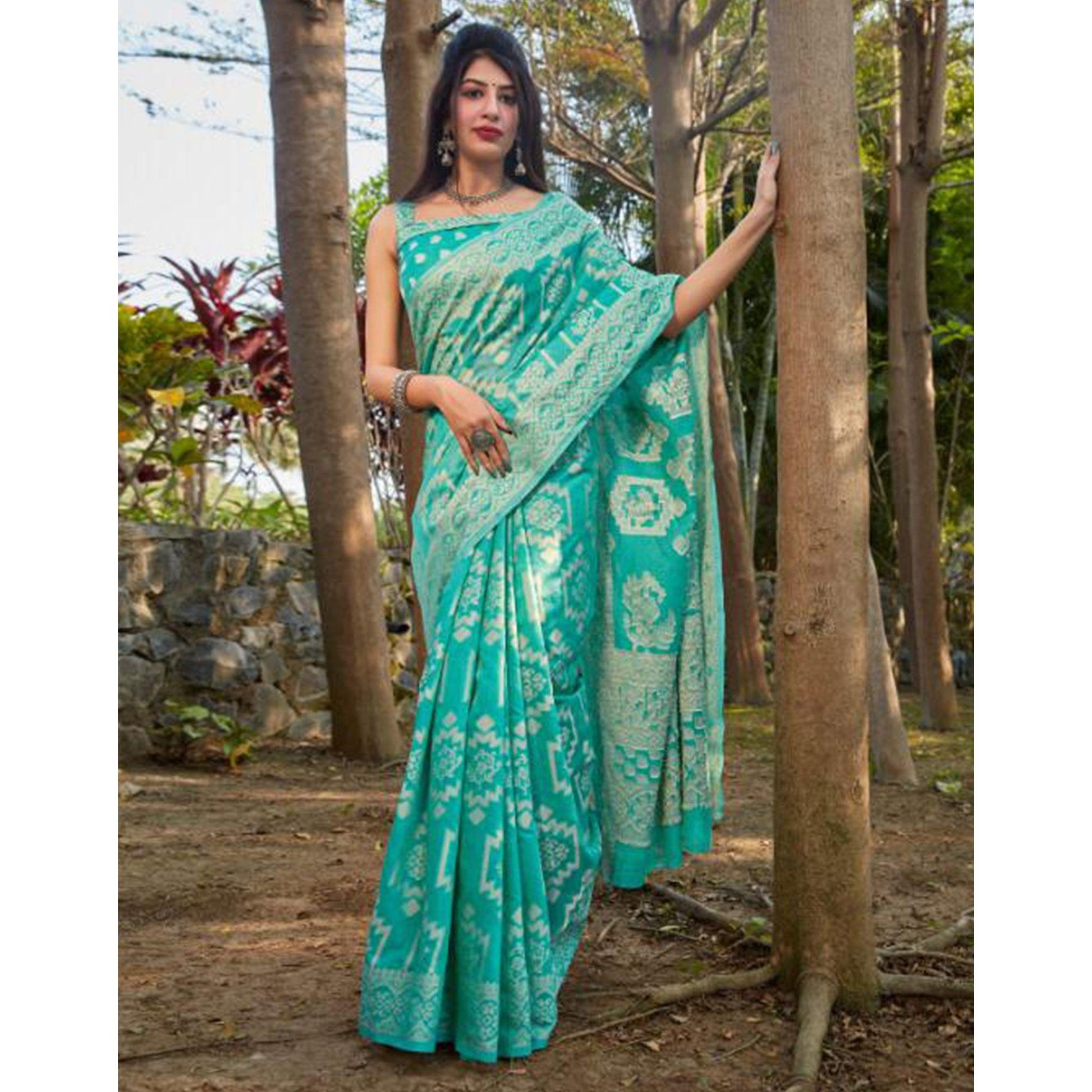 graceful-turquooise-coloured-casual-wear-printed-lakhnavi-cotton-silk-92458