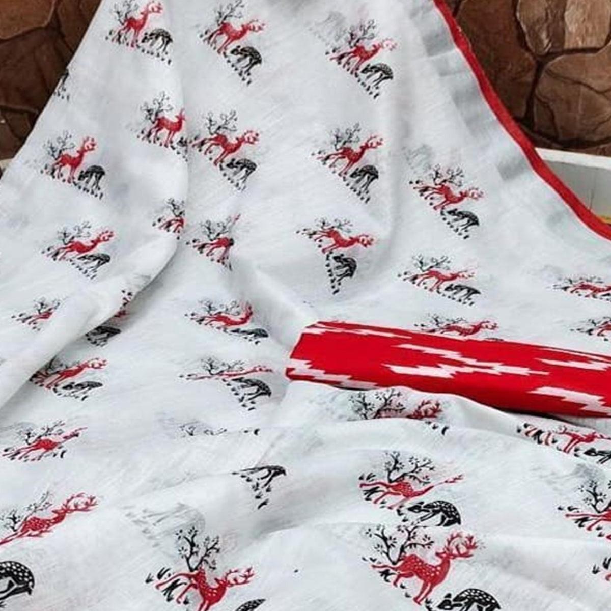 graceful-white-red-colored-casual-wear-digital-printed-linen-saree-97015