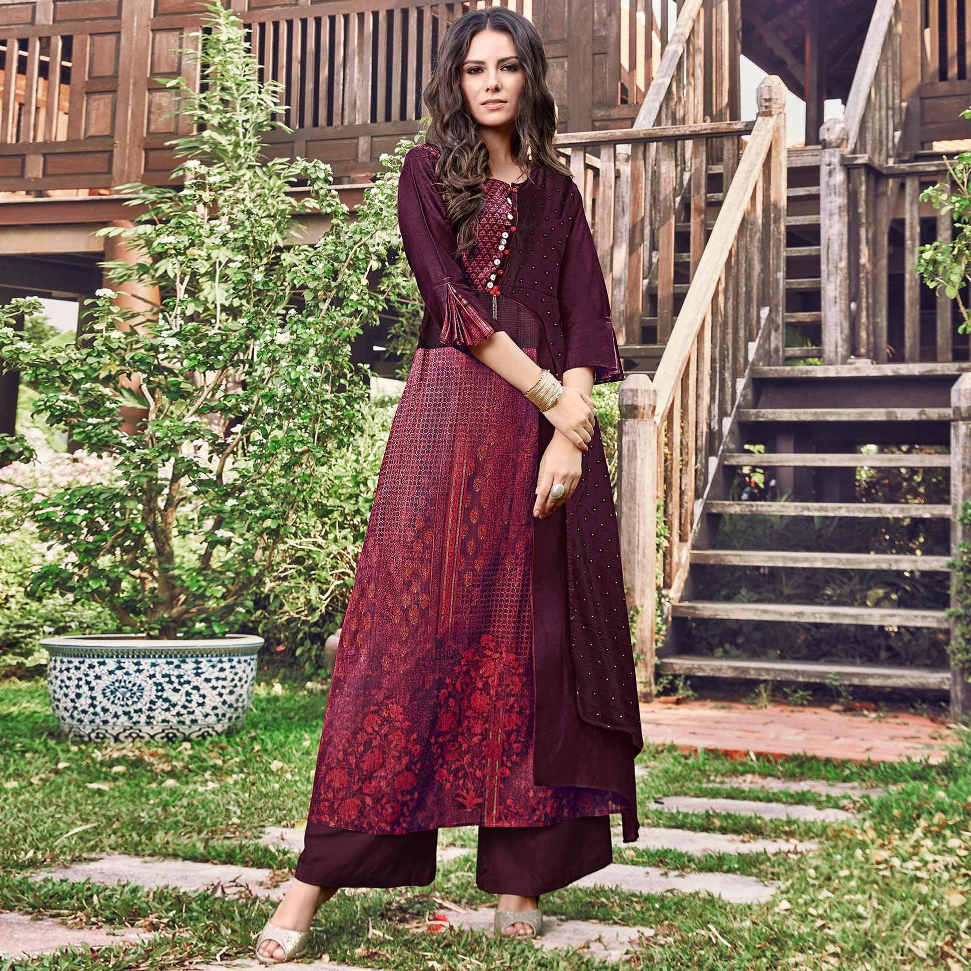 graceful-wine-colored-party-wear-printed-modal-jacquard-long-kurti-45571